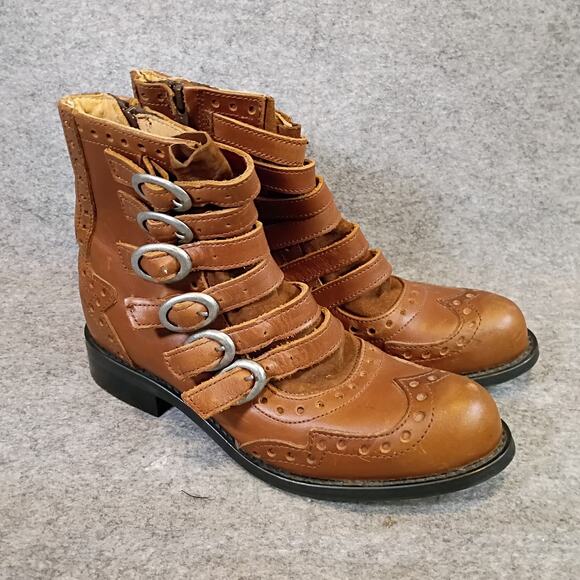 John Fluevog Shoes - John Fluevog Womens 6 Multi-Strap Buckle Brogue Ankle Boots Caramel Leather